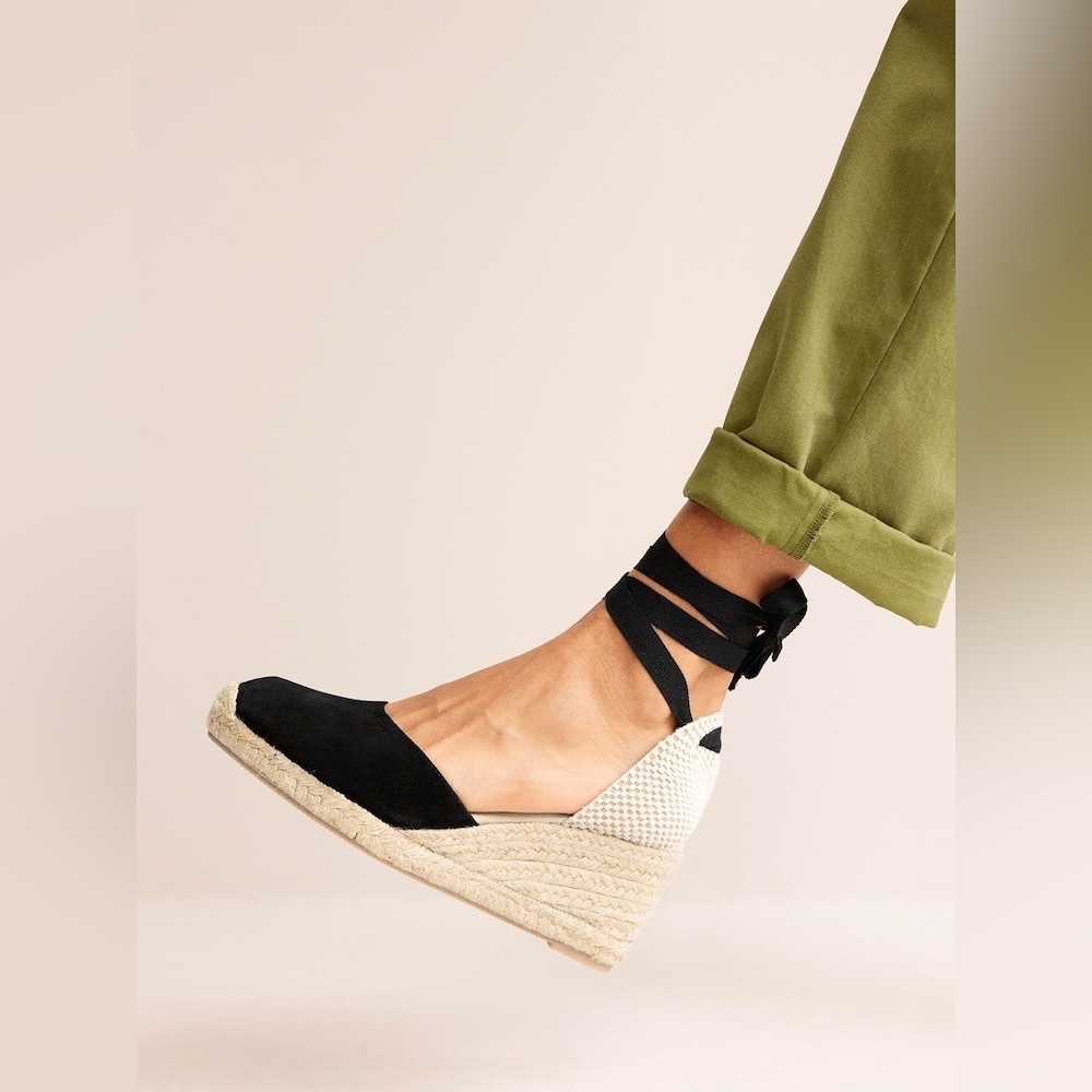 Boden Lace-Up Heeled Espadrilles – Neutral & Black Suede – Size 41 – 3.5” Heel - Picture 2 of 8